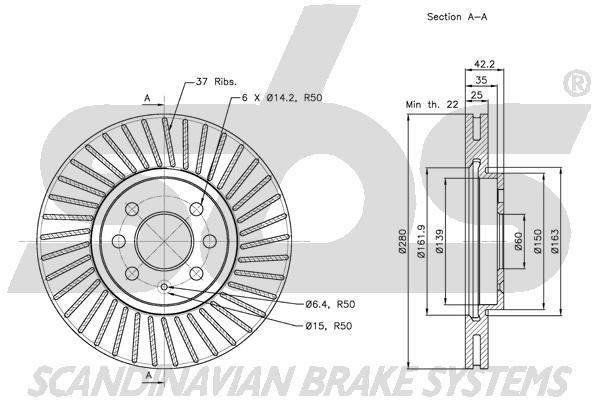 SBS 1815313652 Front brake disc ventilated 1815313652