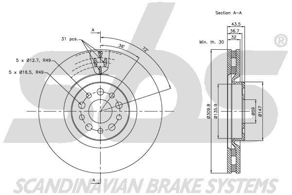 SBS 1815313730 Front brake disc ventilated 1815313730