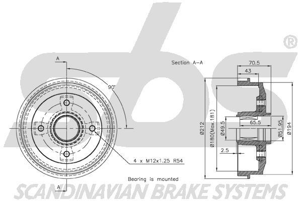SBS 1825253710 Brake drum with wheel bearing, assy 1825253710