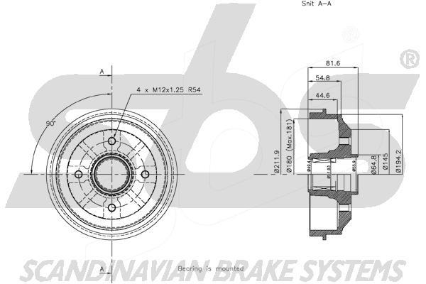 SBS 1825253711 Brake drum with wheel bearing, assy 1825253711