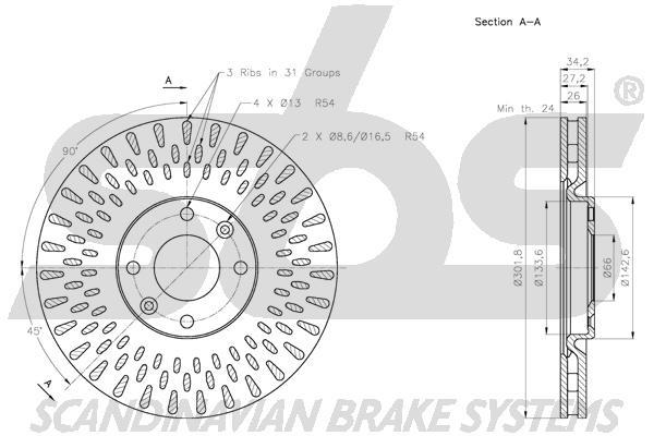 SBS 1815313737 Front brake disc ventilated 1815313737