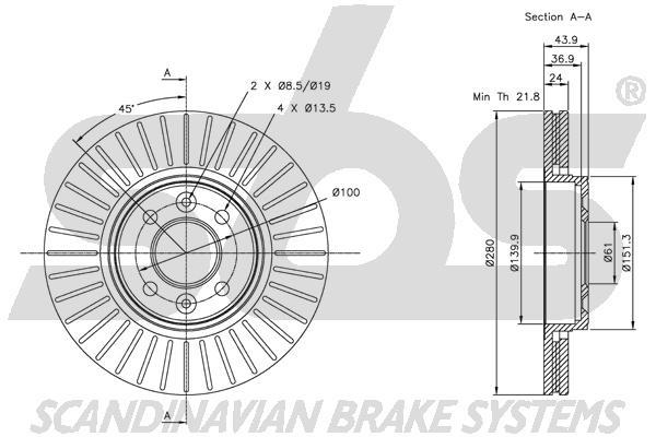SBS 1815313919 Front brake disc ventilated 1815313919