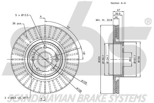 SBS 1815313932 Front brake disc ventilated 1815313932