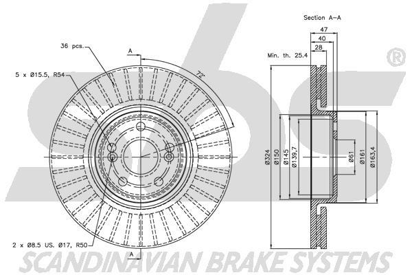 SBS 1815313933 Front brake disc ventilated 1815313933