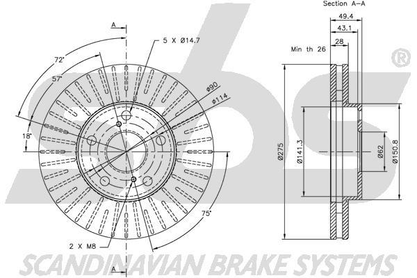 SBS 1815314549 Front brake disc ventilated 1815314549