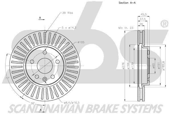 SBS 1815315013 Front brake disc ventilated 1815315013