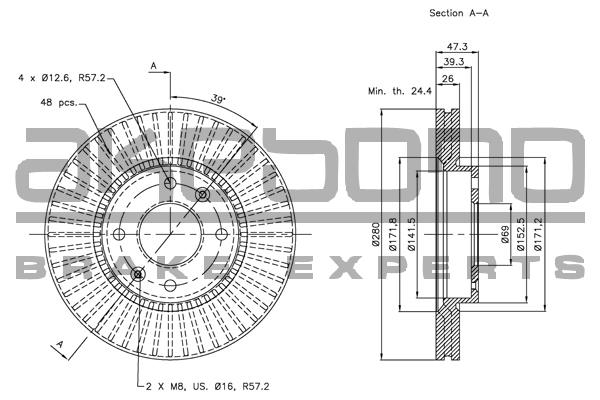 Akebono BN-0913 Front brake disc ventilated BN0913