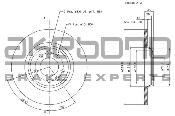 Akebono BN-0358 Rear brake disc, non-ventilated BN0358