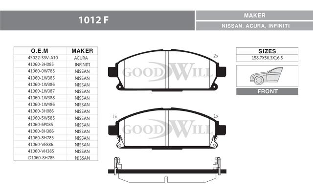 Goodwill 1012 F Brake Pad Set, disc brake 1012F