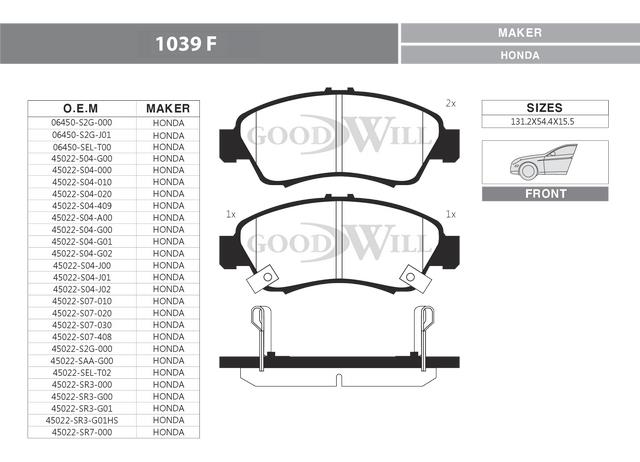 Goodwill 1039 F Brake Pad Set, disc brake 1039F