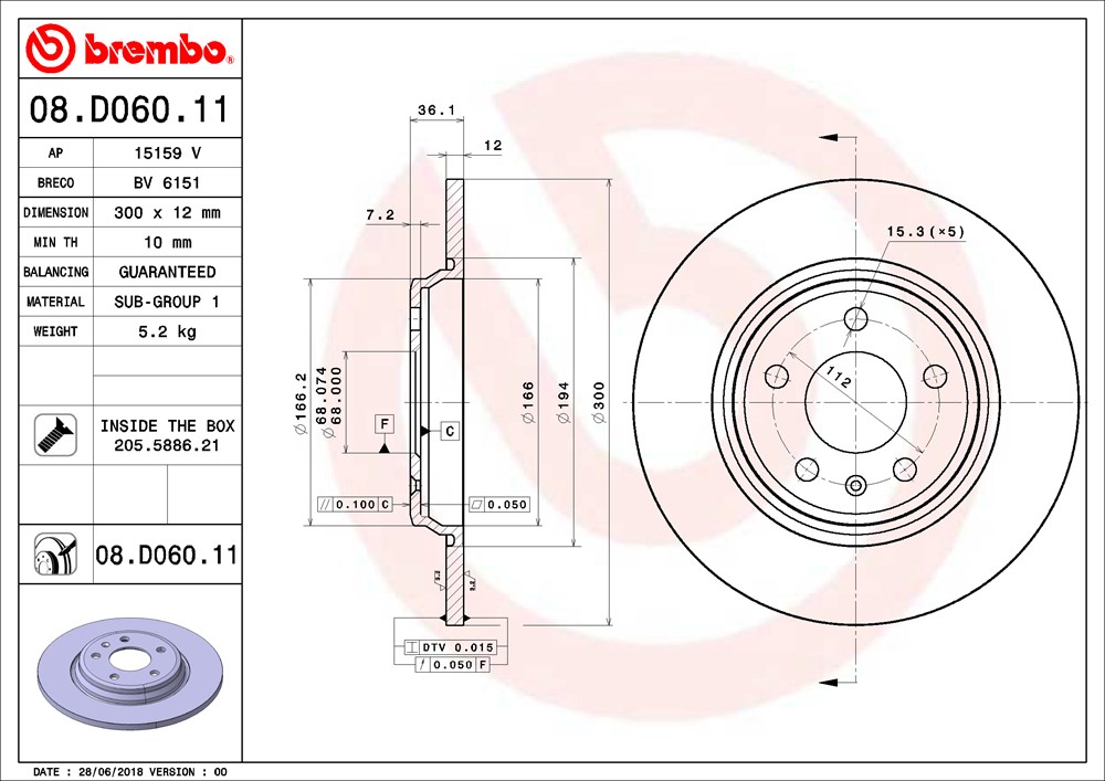 Rear solid brake disc Brembo 08.D060.11