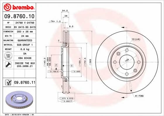 Brembo 09.8760.10 Ventilated disc brake, 1 pcs. 09876010