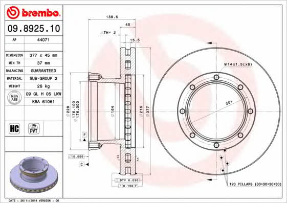 Rear vented brake disc Brembo 09.8925.10
