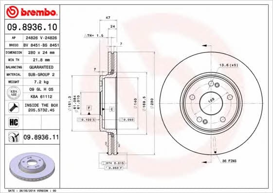 Front vented brake disc Brembo 09.8936.11