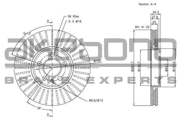 Akebono BN-0010 Front brake disc ventilated BN0010