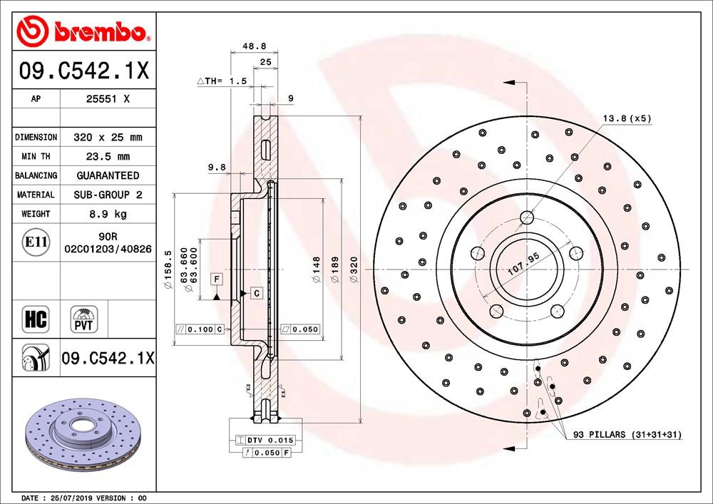 Ventilated brake disc with perforation Brembo 09.C542.1X
