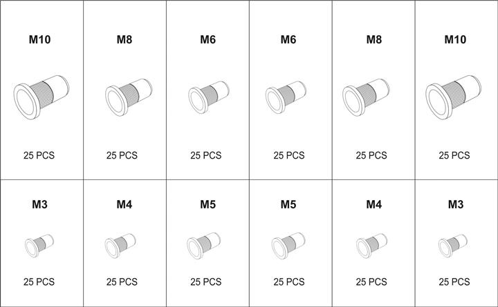Set of threaded rivets made of steel and aluminum M3-M10 300 pcs Yato YT-36480