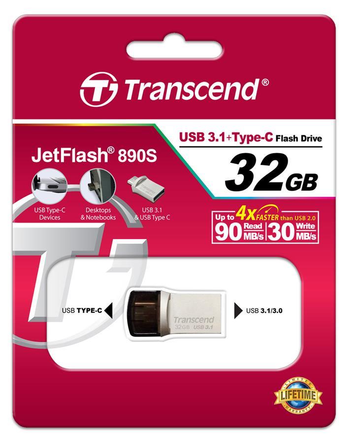 Transcend TS32GJF890S Drive Transcend 32GB USB 3.1 + Type-C 890 R90 / W30MB / s Metal Silver TS32GJF890S