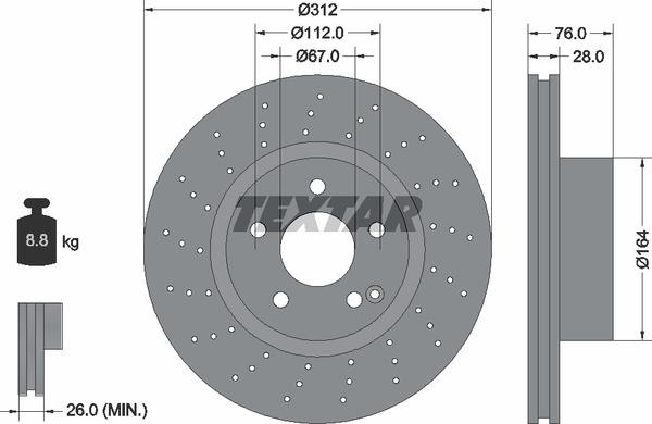 Textar 92099305 Ventilated brake disc with perforation 92099305