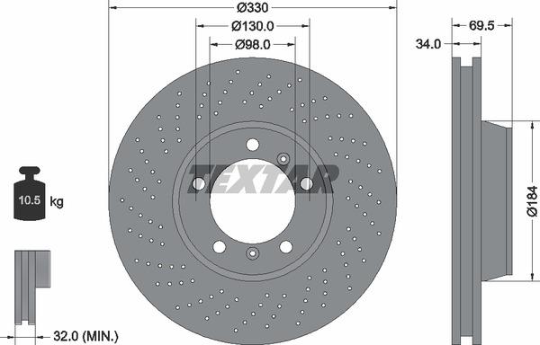 Textar 92149905 Ventilated brake disc with perforation 92149905