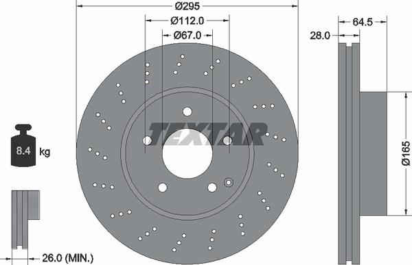 Textar 92165005 Ventilated brake disc with perforation 92165005