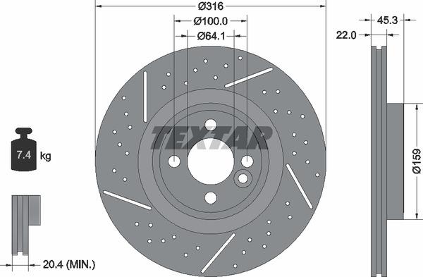 Textar 92279105 Front brake disc ventilated 92279105