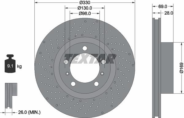 Textar 92279605 Ventilated brake disc with perforation 92279605