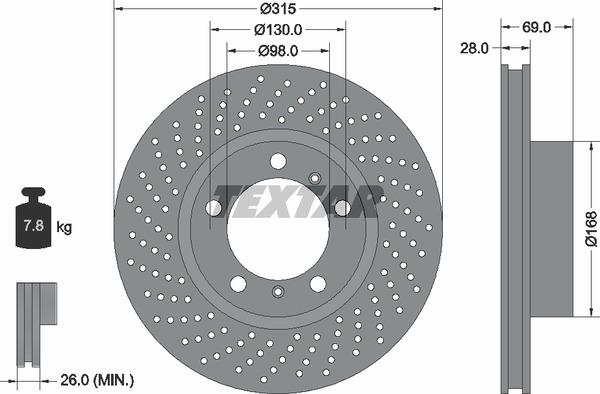 Textar 92279905 Ventilated brake disc with perforation 92279905