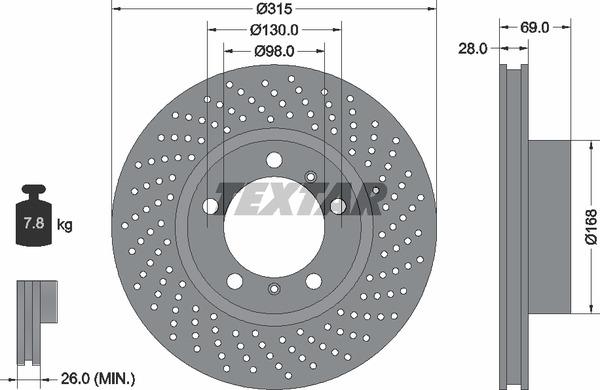 Textar 92280005 Ventilated brake disc with perforation 92280005