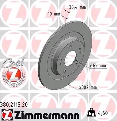 Otto Zimmermann 380.2115.20 Rear brake disc, non-ventilated 380211520