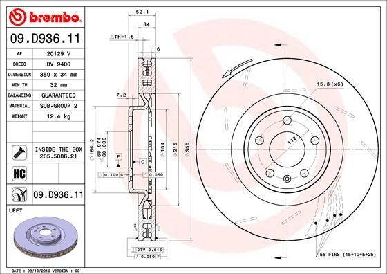 Brembo 09.D936.11 Ventilated front left brake disc 09D93611