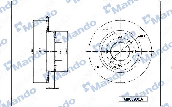Mando MBC030016 Rear brake disc, non-ventilated MBC030016