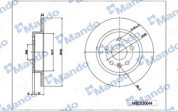 Mando MBC030044 Rear brake disc, non-ventilated MBC030044