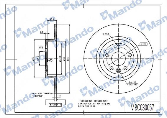 Mando MBC030057 Rear brake disc, non-ventilated MBC030057