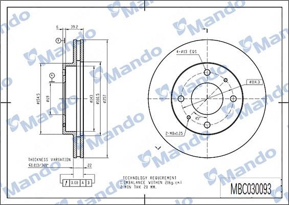 Mando MBC030093 Front brake disc ventilated MBC030093