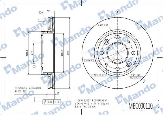Mando MBC030110 Front brake disc ventilated MBC030110