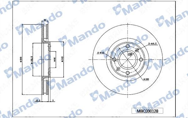 Mando MBC030128 Front brake disc ventilated MBC030128