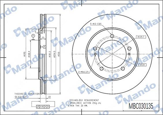 Mando MBC030135 Front brake disc ventilated MBC030135