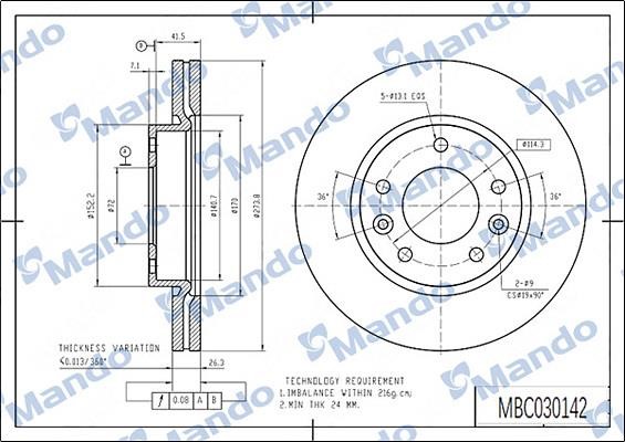 Mando MBC030142 Front brake disc ventilated MBC030142