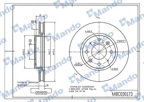 Mando MBC030173 Front brake disc ventilated MBC030173