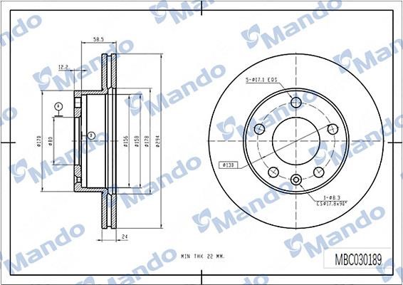 Mando MBC030189 Front brake disc ventilated MBC030189