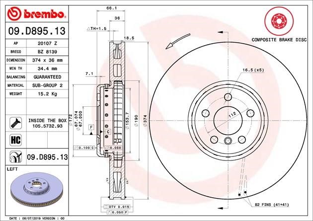 Ventilated disc brake, 1 pcs. Brembo 09.D895.13