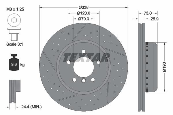 Textar 92266925 Ventilated brake disc with slotting and perforation 92266925