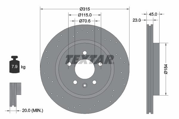 Textar 92290003 Ventilated brake disc with perforation 92290003