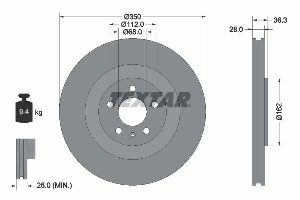 Textar 92290405 Rear ventilated brake disc 92290405