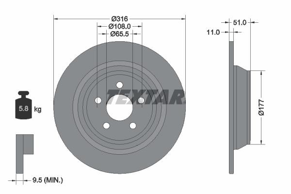 Textar 92291903 Rear brake disc, non-ventilated 92291903