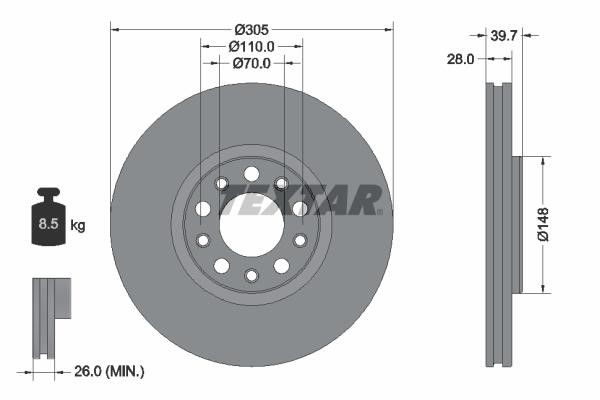 Textar 92293903 Ventilated disc brake, 1 pcs. 92293903