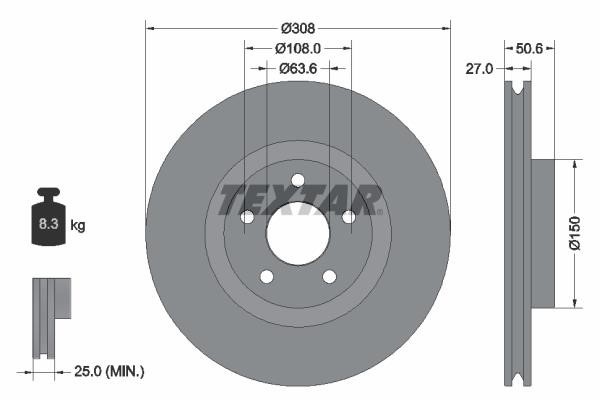 Textar 92306703 Front brake disc ventilated 92306703