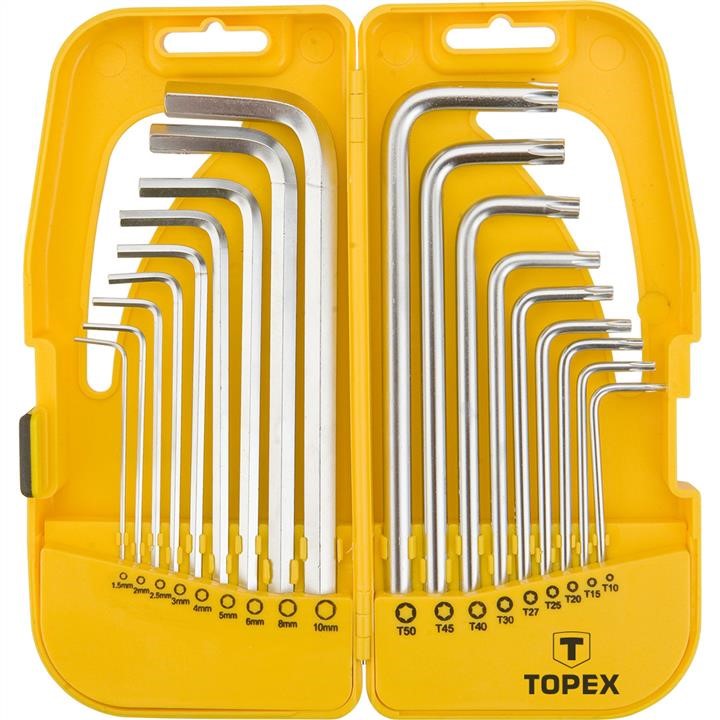 Topex 35D953 Hex and torx key set, CrV, 18 pcs, long, HEX: 1,5, 2, 2,5, 3, 4, 5, 6, 8, 10; torx: T10, T15, T20, T25, T27, T30, T40, T45, T50 35D953