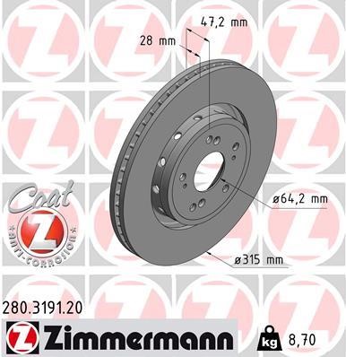 Otto Zimmermann 280.3191.20 Front brake disc ventilated 280319120